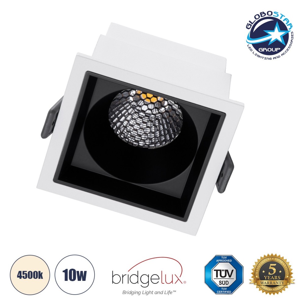 GLOBOSTAR® PLUTO-M 60270 Χωνευτό Downlight Σποτ με Honeycomb Anti Glare Reflector LED 10W 1300lm 38° AC 220-240V IP20 Φυσικό Λευκό 4500K - Bridgelux COB Chip & TÜV SÜD Driver - Λευκό & Μαύρο Ματ - Μ8.4 x Π8.4 x Υ5.9cm - Q7.5 x 7.5cm - 5 Χρόνια Εγγύηση